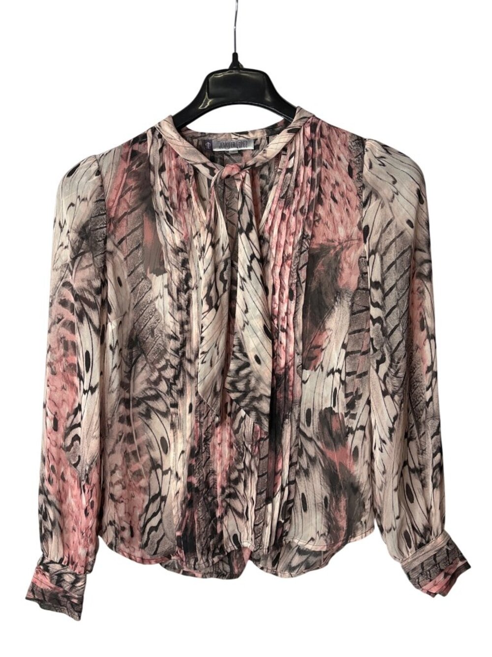 JLO Jennifer Lopez Sheer Blouse Top Size S Pleated V Neck Tie Front Abstract Y2K